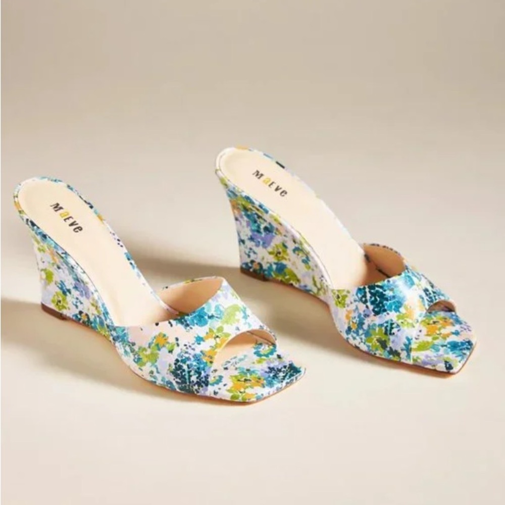 {ANTHRO} Maeve Floral Wedge Sandals - Blue and Green